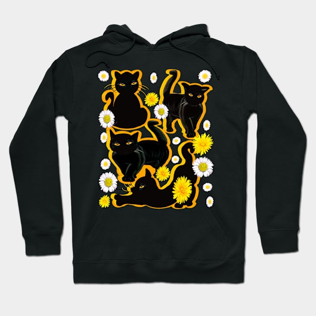 Black Cat silhouette gold shadow wildflowers feelings pattern black cats  among dandelions And daisies floral bright flowers of spring and summer Hoodie by Artonmytee